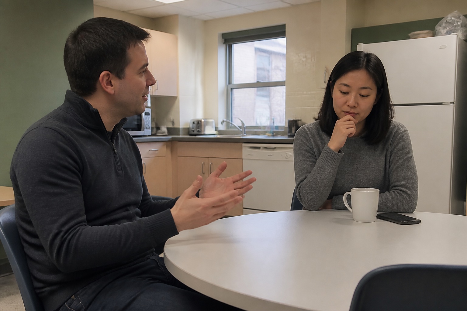 A speaker talking while a colleague looks down during a conversation